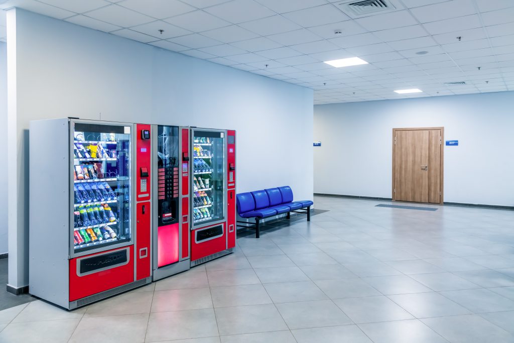 Vending machines with snacks and drinks